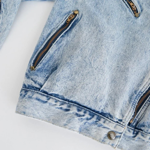 Vintage 80's Silver Denim Acid Wash Zip Up Biker Style Jacket  Size Medium - Picture 7 of 11